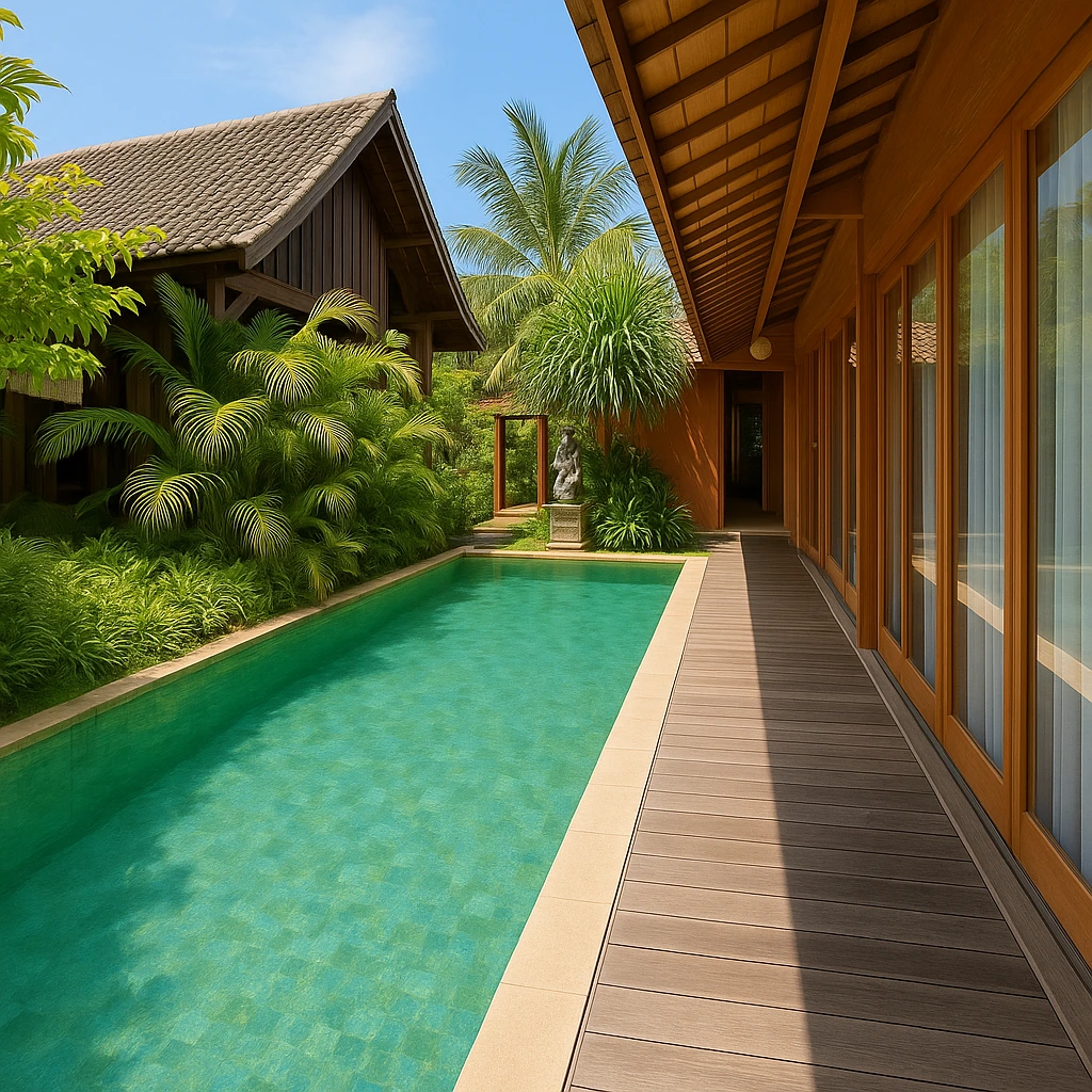 View of a pool next to a wooden house with glass windows and tropical plants under a clear blue sky